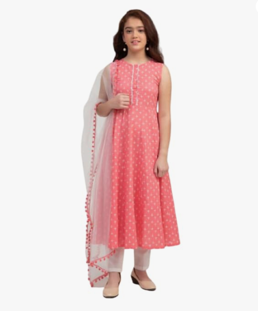 Cotton Blend Sleeveless Fit & Flare Kurti Set with Dupatta - Peach - Image 5